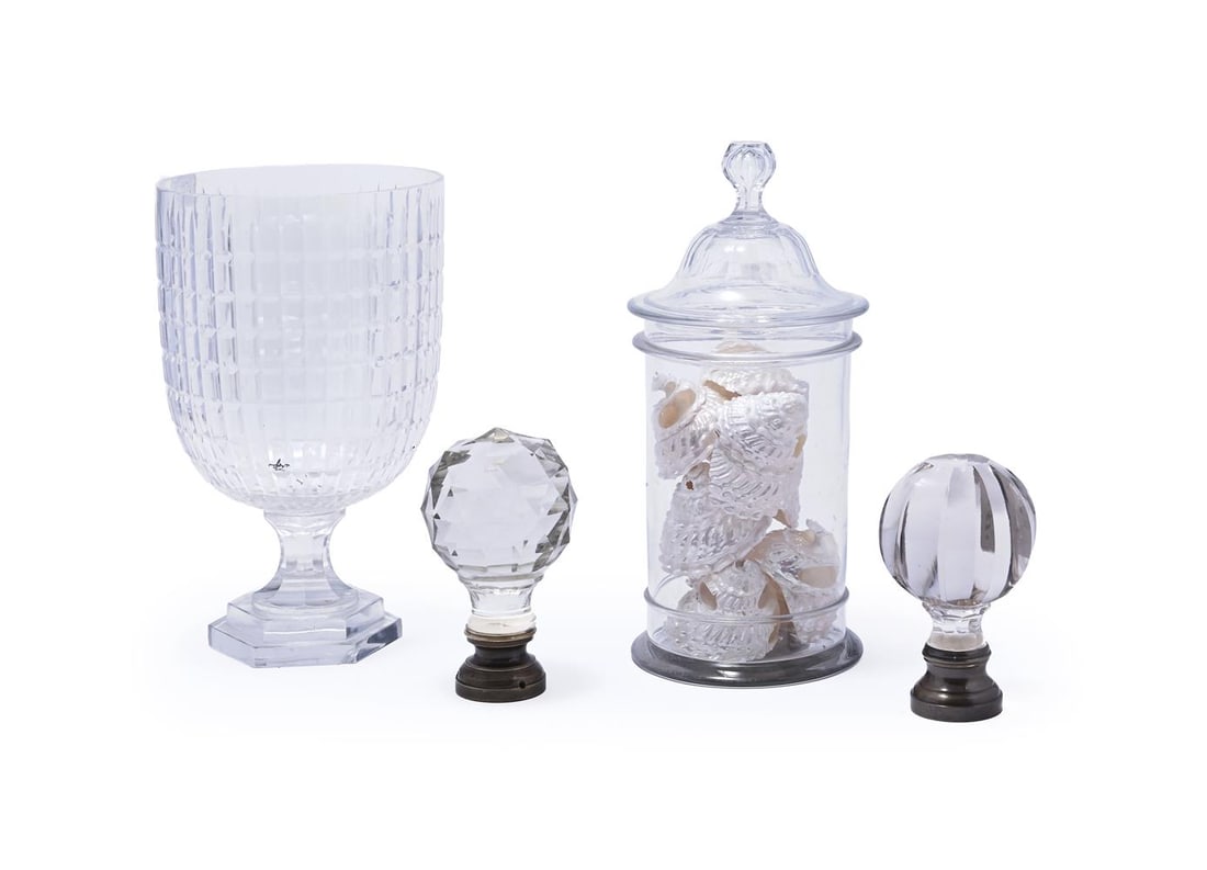 TWO SIMILAR BOULES D'ESCALIERS, MODERN, TOGETHER WITH TWO GLASS JARS: TWO SIMILAR BOULES D'ESCALIERS MODERN With gilt metal fittings each 18.5cm high and marginally smaller TOGETHER WITH A cut glass pedestal jar, with hexagonal stepped foot,