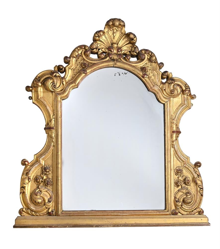 A LARGE CARVED WOOD AND GILT GESSO WALL MIRROR, ITALIAN, 19TH CENTURY (1 of 2)