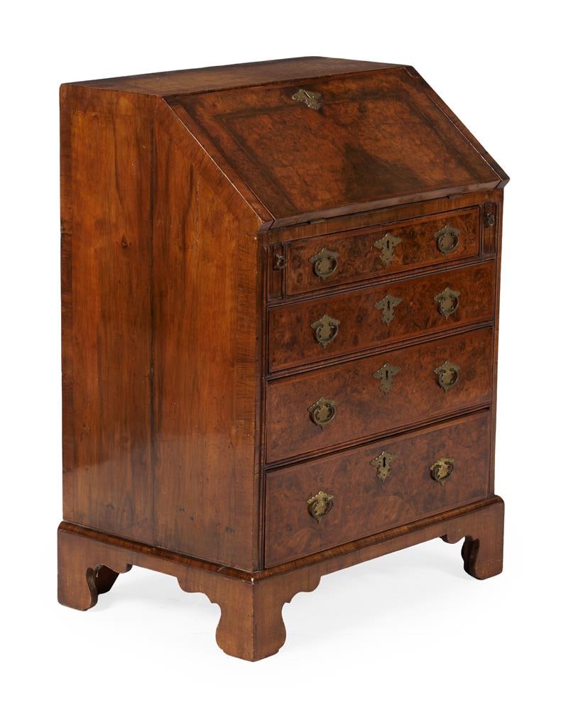 A GEORGE II BURR WALNUT, WALNUT AND FEATHERBANDED BUREAU, MID 18TH CENTURY: A GEORGE II BURR WALNUT, WALNUT AND FEATHERBANDED BUREAU MID 18TH CENTURY 93cm high, 67.5cm wide, 47cm deep (73cm when open) Provenance: Private Collection, Swiftsden House,