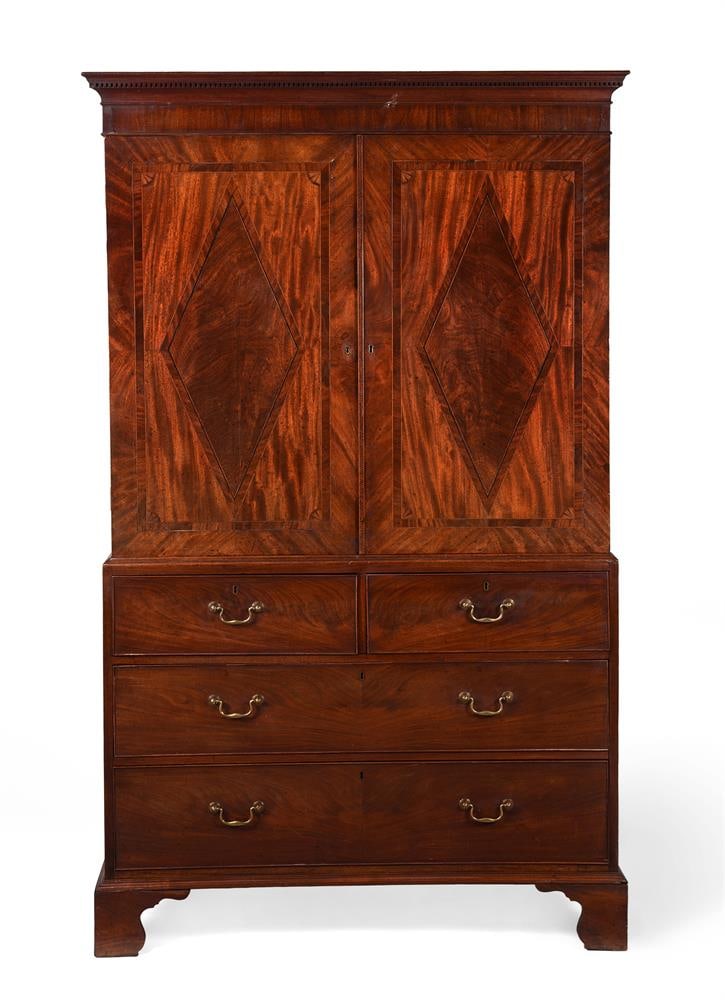 Y A LATE GEORGE III MAHOGANY, ROSEWOOD CROSSBANDED AND SATINWOOD STRUNG LINEN PRESS, CIRCA 1800: Y A LATE GEORGE III MAHOGANY, ROSEWOOD CROSSBANDED AND SATINWOOD STRUNG LINEN PRESS CIRCA 1800 209cm high, 122cm wide, 58cm deep Condition Report: Marks,