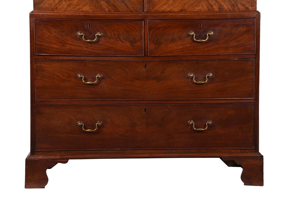 Y A LATE GEORGE III MAHOGANY, ROSEWOOD CROSSBANDED AND SATINWOOD STRUNG LINEN PRESS, CIRCA 1800 - 4
