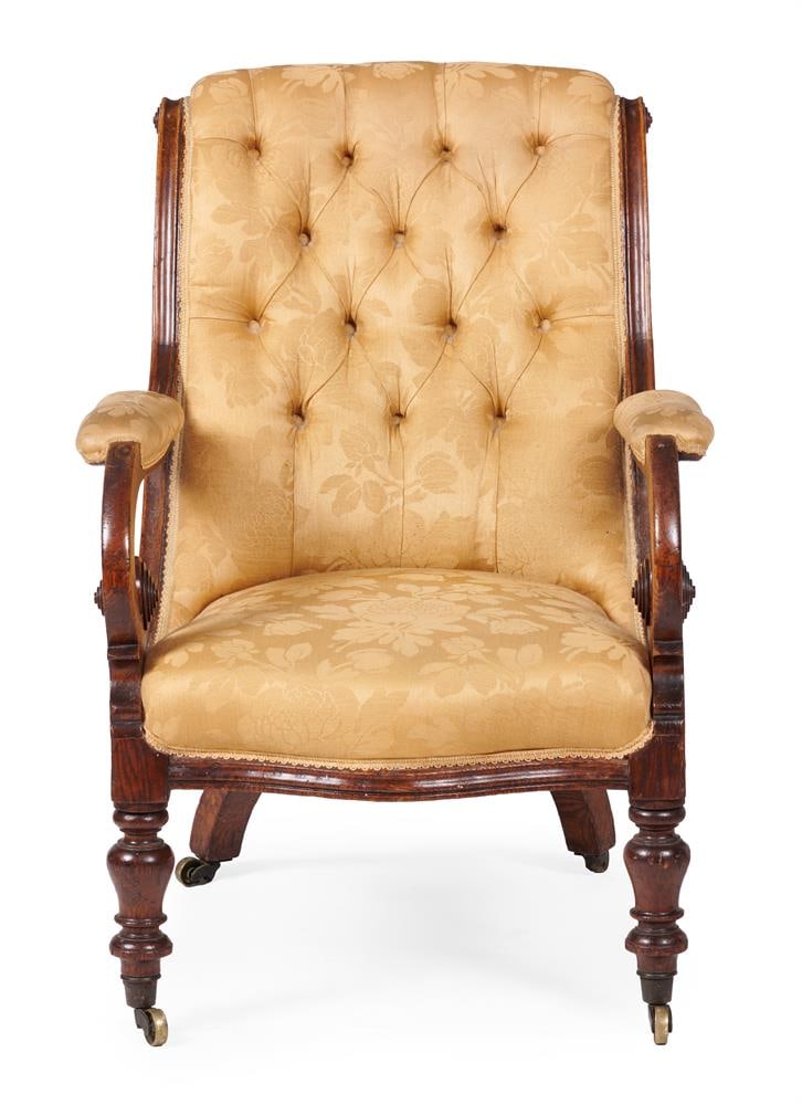 A VICTORIAN OAK FRAMED PARLOUR ARMCHAIR, CIRCA 1850 - 2