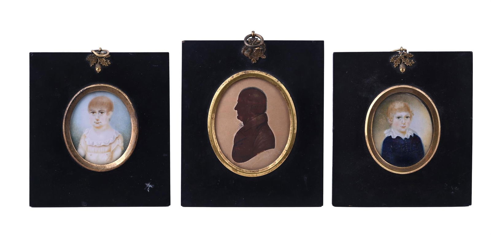 Y EARLY 19TH CENTURY ENGLISH SCHOOL, A PAIR OF MINIATURE PORTRAITS, AND A SILHOUETTE MINIATURE (1 of 2)