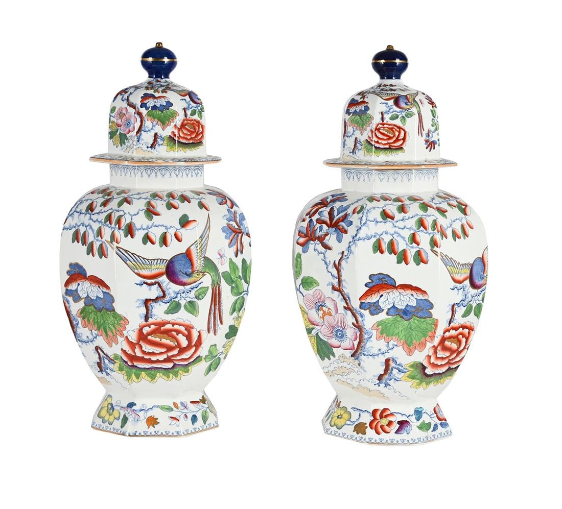 A PAIR OF LATER MASON'S IRONSTONE OCTAGONAL SECTION VASES AND COVERS, LATE 19TH CENTURY: A PAIR OF LATER MASON'S IRONSTONE OCTAGONAL SECTION VASES AND COVERS MOST LIKELY ASHWORTH BROS., LATE 19TH CENTURY Printed and painted with the so-called 'Flying Bird'