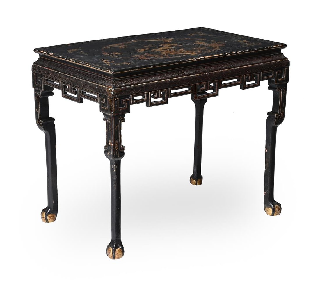 A BLACK AND GILT CHINOISERIE LAQUERED CENTER TABLE, THE TOP POSSIBLY 18TH CENTURY, THE STAND LATER (1 of 3)