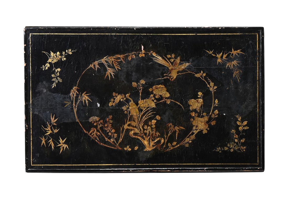 A BLACK AND GILT CHINOISERIE LAQUERED CENTER TABLE, THE TOP POSSIBLY 18TH CENTURY, THE STAND LATER - 3