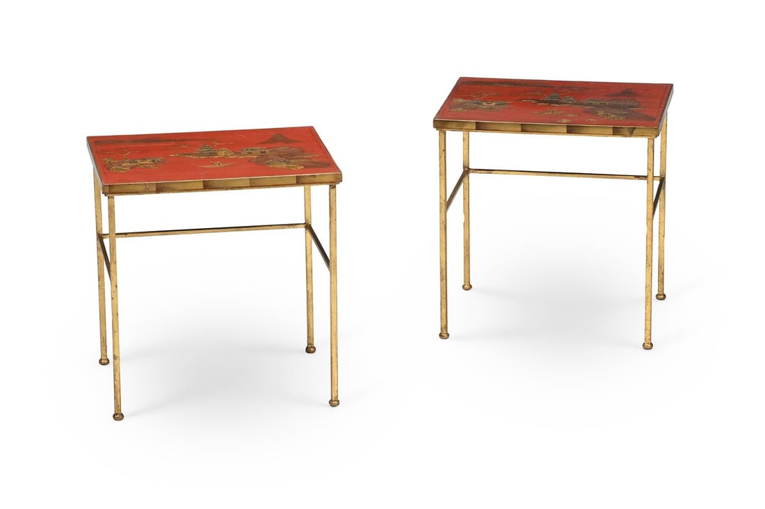 A PAIR OF ROUGE LACQUER AND CHINOISERIE END TABLES, SECOND HALF 20TH CENTURY: A PAIR OF ROUGE LACQUER AND CHINOISERIE END TABLES SECOND HALF 20TH CENTURY On simple gilt iron framed bases 48cm high, 46cm wide, 37cm deep Condition