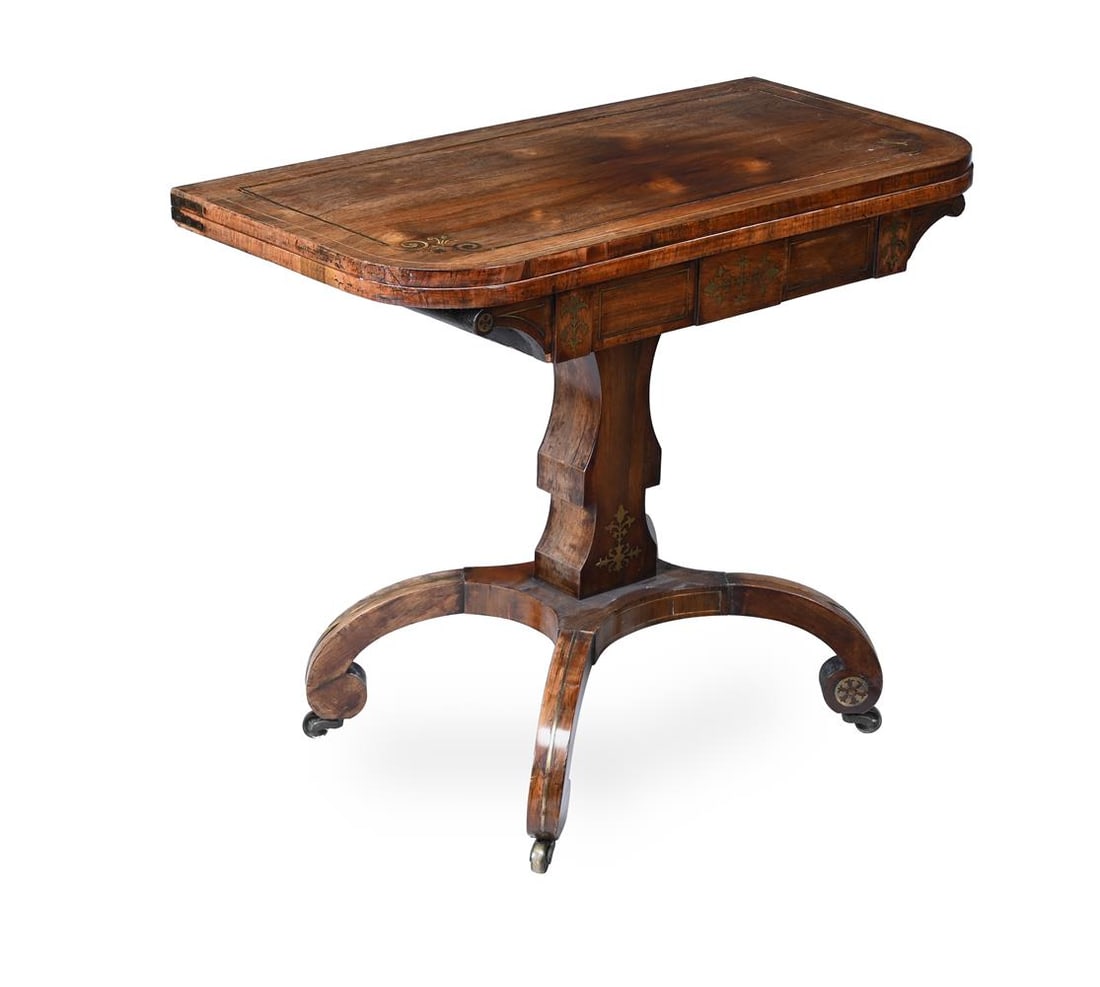 Y A REGENCY ROSEWOOD AND BRASS INLAID CARD TABLE, CIRCA 1820: Y A REGENCY ROSEWOOD AND BRASS INLAID CARD TABLE CIRCA 1820 73cm high, 91cm wide, 45cm deep, 91cm when opened Condition Report: PLEASE NOTE: ALL LOTS ARE LOCATED