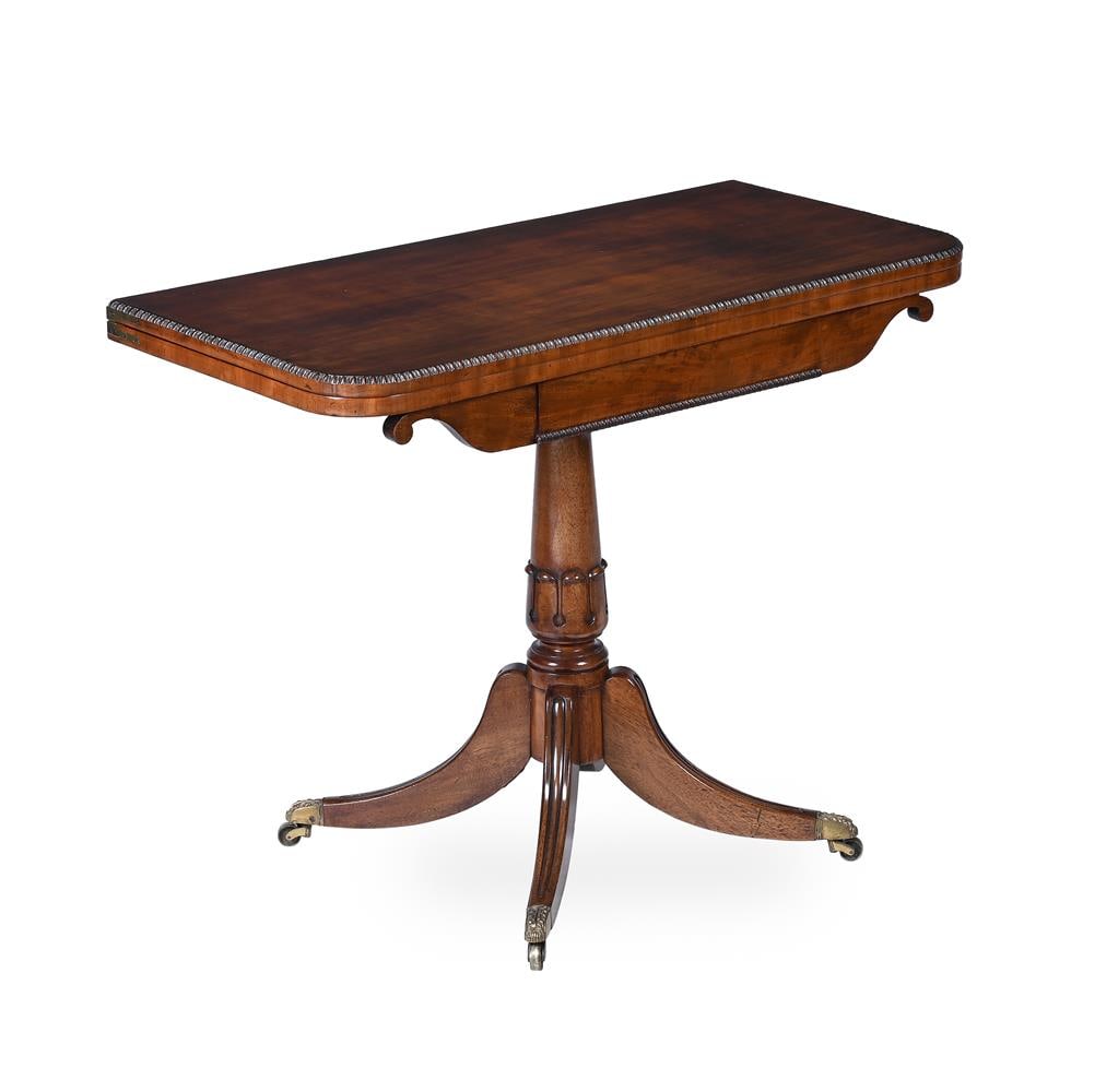 A GEORGE IV MAHOGANY CARD TABLE, IN THE MANNER OF GILLOWS, CIRCA 1825: A GEORGE IV MAHOGANY CARD TABLE IN THE MANNER OF GILLOWS, CIRCA 1825 71cm high, 92cm wide, 46cm deep, 91cm deep when opened Condition Report: PLEASE NOTE: ALL