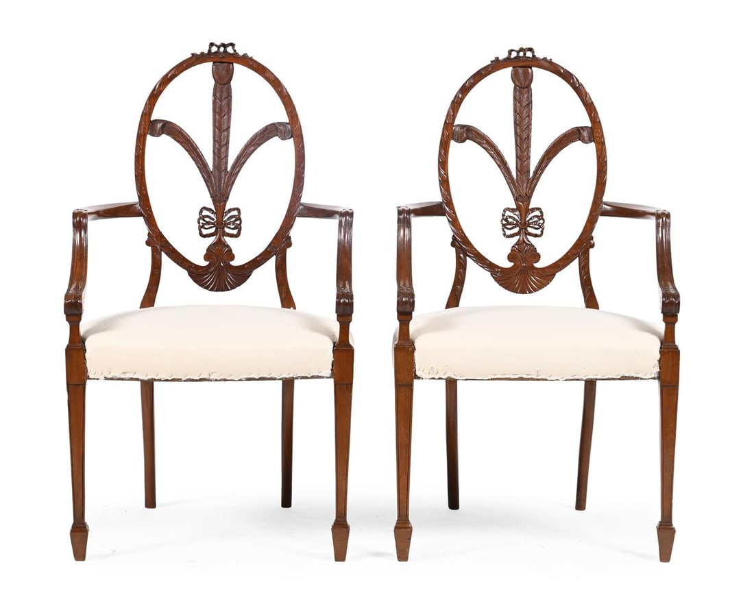 A PAIR OF VICTORIAN SOLID SATINWOOD ARMCHAIRS, IN GEORGE III STYLE, LATE 19TH OR EARLY 20TH CENTURY: A PAIR OF VICTORIAN SOLID SATINWOOD ARMCHAIRS IN GEORGE III STYLE, LATE 19TH OR EARLY 20TH CENTURY 99cm high, 54.5cm wide, 51cm deep Condition Report: PLEASE NOTE: ALL