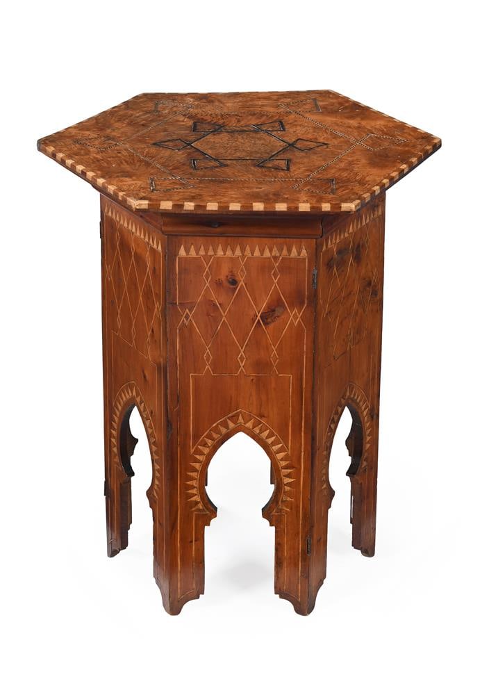 AN INDO-MOORISH YEW AND MULBERRY HEXAGONAL OCCASIONAL TABLE, EARLY 20TH CENTURY (1 of 2)