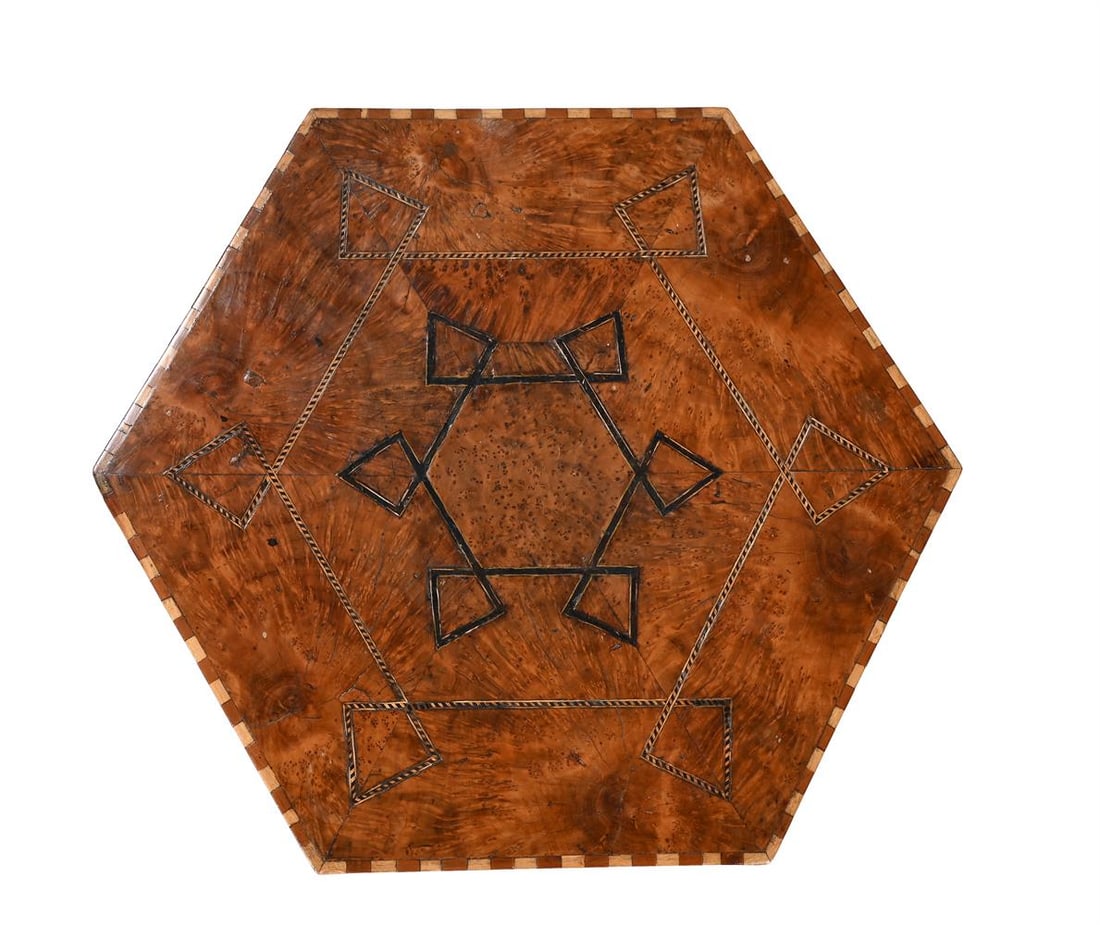 AN INDO-MOORISH YEW AND MULBERRY HEXAGONAL OCCASIONAL TABLE, EARLY 20TH CENTURY - 2