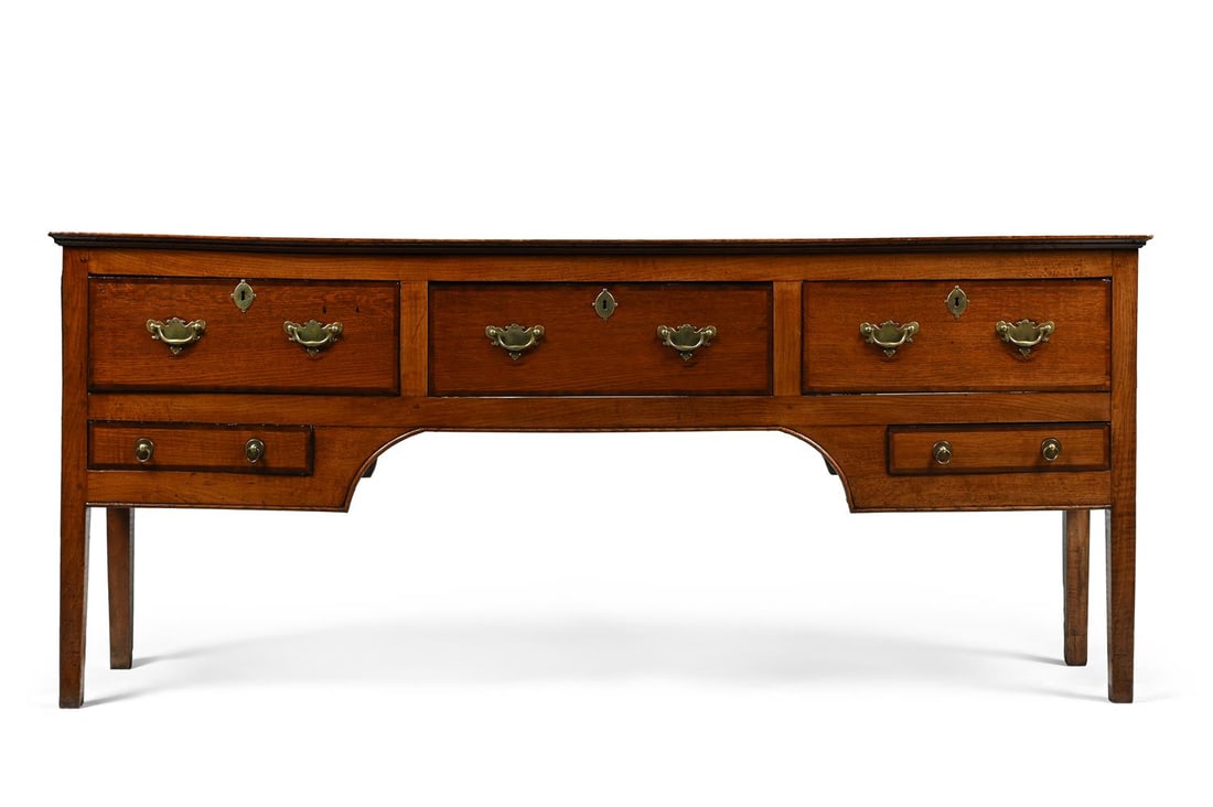 A GEORGE III OAK AND MAHOGANY CROSSBANDED DRESSER BASE, LATE 18TH CENTURY: A GEORGE III OAK AND MAHOGANY CROSSBANDED DRESSER BASE LATE 18TH CENTURY 83cm high, 193cm wide, 47cm deep Provenance: Purchased from Julia Bennett Antiques, Essex, 26th