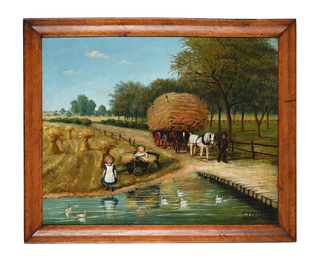 J. FARRIS ( BRITISH 19TH CENTURY), HAYCART AND CHILDREN BY A DUCK POND: J. FARRIS (BRITISH 19TH CENTURY) HAYCART AND CHILDREN BY A DUCK POND Oil on canvas Signed and dated '1891' (lower right) 60 x 75cm (23½ x 29½in.) 