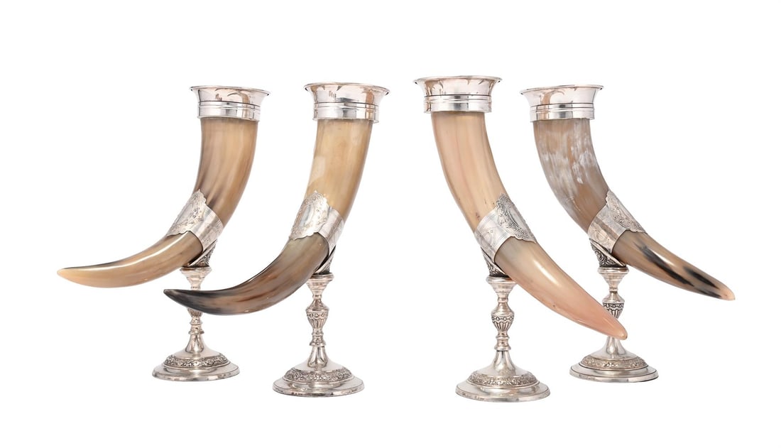 A SET OF FOUR SILVER PLATE DRINKING HORNS, TOGETHER WITH A SET OF SIX SIMILAR BEAKERS - 2