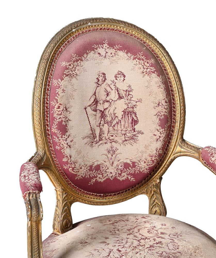 A PAIR OF CARVED WOOD AND GILT GESSO FAUTEUILS, IN LOUIS XVI STYLE, ENGLISH, FIRST HALF 19TH CENTURY - 2