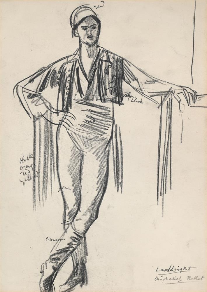 λ DAME LAURA KNIGHT (BRITISH 1877-1970), DIAGHILEV BALLET: λ DAME LAURA KNIGHT (BRITISH 1877-1970) DIAGHILEV BALLET Charcoal Signed and titled (lower right) and with colour annotations (throughout) 35 x 24cm (13¾ x