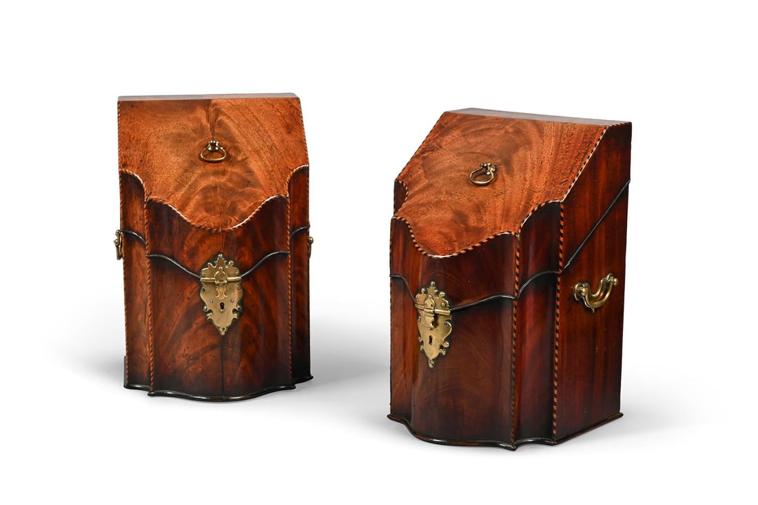 A PAIR OF GEORGE III KNIFE BOXES, CIRCA 1790: A PAIR OF GEORGE III KNIFE BOXES CIRCA 1790 With fitted interiors, lined in crimson velvet 35cm high, 24cm wide, 23cm deep Condition Report: PLEASE NOTE: ALL