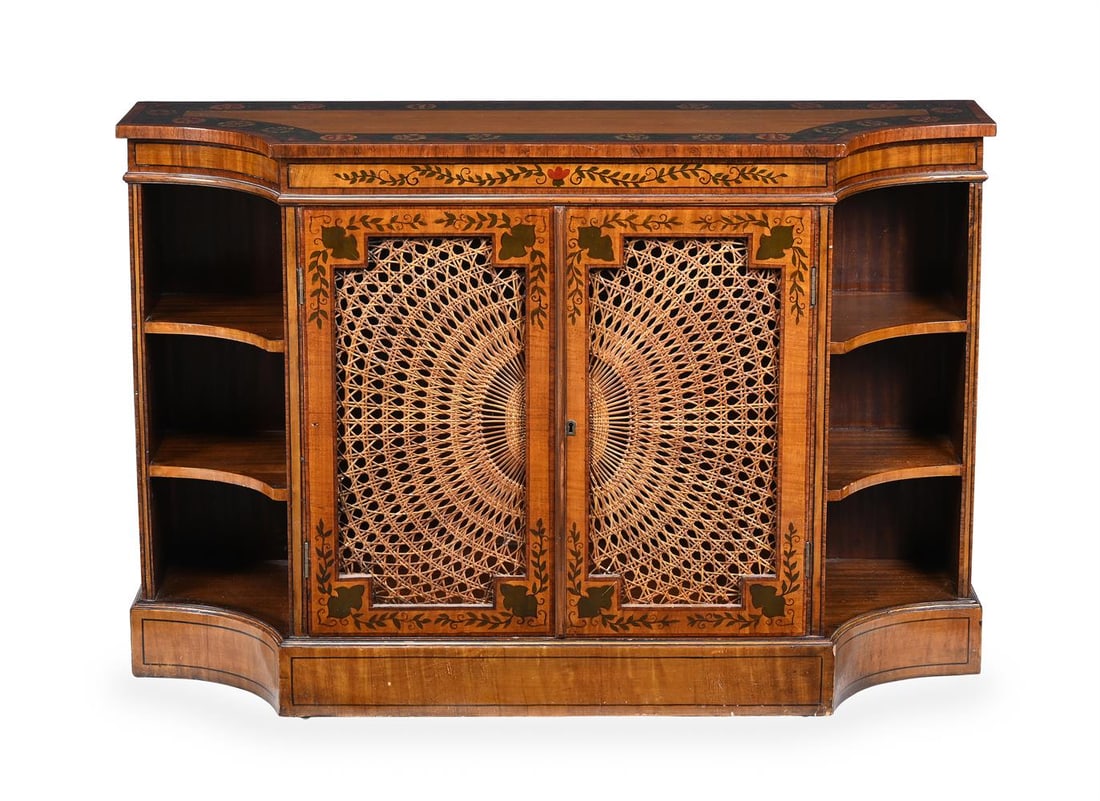 A PAINTED SATINWOOD SIDE CABINET OR BOOKCASE, IN GEORGE III STYLE, 20TH CENTURY (1 of 4)