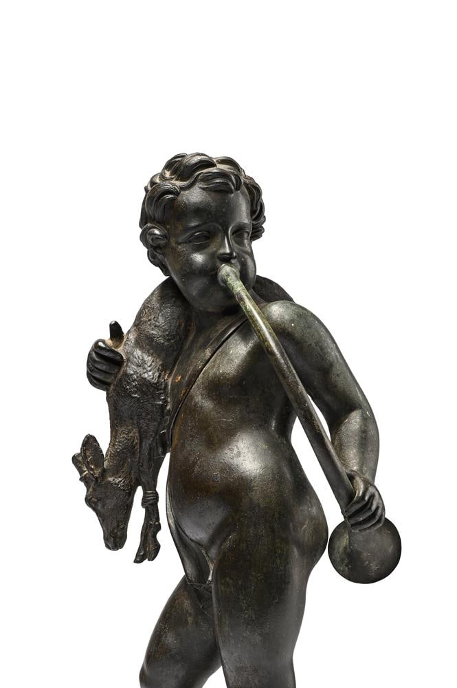 A FRENCH BRONZE FIGURE OF A CHILD WITH HORN AND CARRYING A DEER, 19TH CENTURY - 3