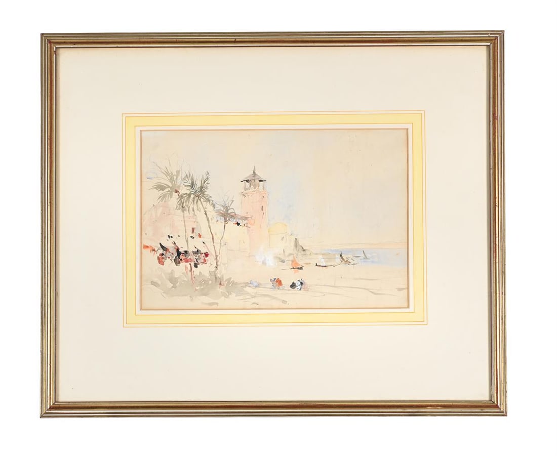 HERCULES BRABAZON BRABAZON (BRITISH 1821-1906), A VILLAGE IN NORTH AFRICA: HERCULES BRABAZON BRABAZON (BRITISH 1821-1906) A VILLAGE IN NORTH AFRICA Watercolour and pencil, heightened with white 21 x 31cm (8¼ x 12in.) Provenance: Sale,