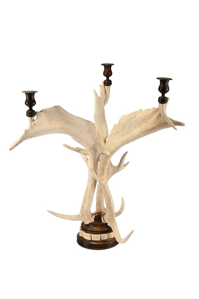 A PAIR OF OAK, STAG ANTLER AND SIMULATED HORN TABLE CANDELABRA, MODERN - 3