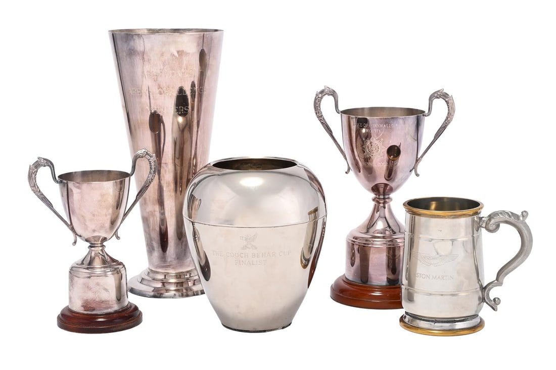 A SELECTION OF FIVE SILVER PLATED POLO TROPHIES, MODERN: A SELECTION OF FIVE SILVER PLATED POLO TROPHIES MODERN the tallest 29.5cm, the smallest 13cm Condition Report: PLEASE NOTE: ALL LOTS ARE LOCATED AT SACKVILLE WEST STORAGE IN ANDOVER (SP10