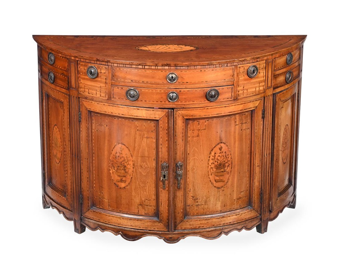 A MARQUETRY INLAID MAHOGANY ELIPTICAL COMMODE, DUTCH, CIRCA 1790-1800: A MARQUETRY INLAID MAHOGANY ELIPTICAL COMMODE