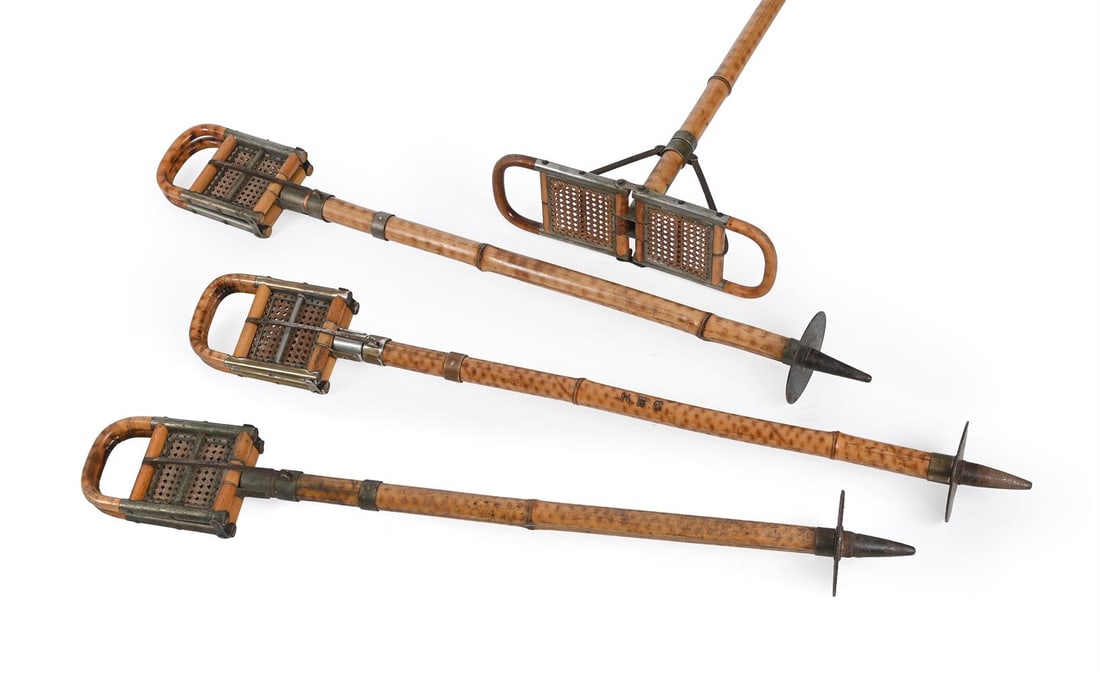 A GROUP OF FOUR METAL MOUNTED BAMBOO FOLDING WALKING SEATS, FRENCH, EARLY 20TH CENTURY - 2