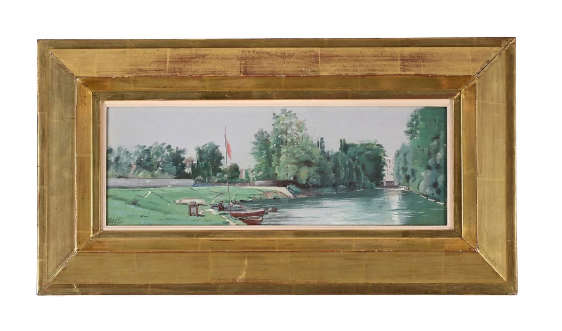 AUGUSTE MICHEL COLLE (FRENCH 1872-1949), BOATS MOORED ALONG A RIVER BANK: AUGUSTE MICHEL COLLE (FRENCH 1872-1949)