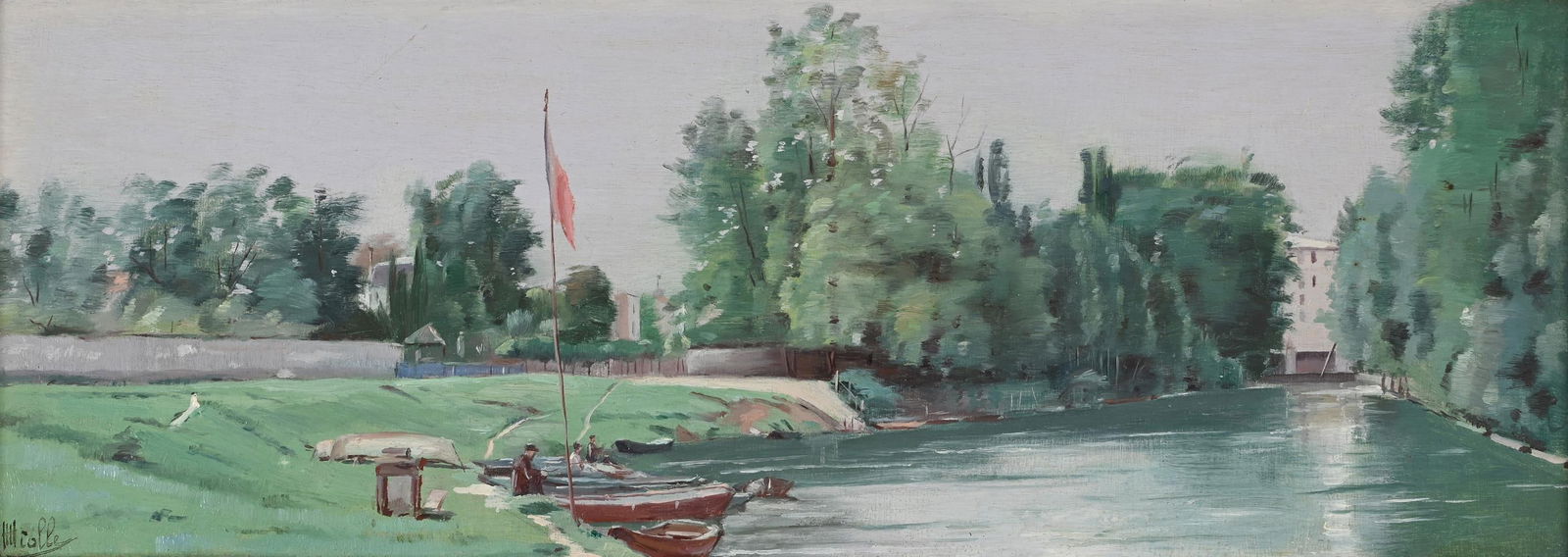 AUGUSTE MICHEL COLLE (FRENCH 1872-1949), BOATS MOORED ALONG A RIVER BANK - 2