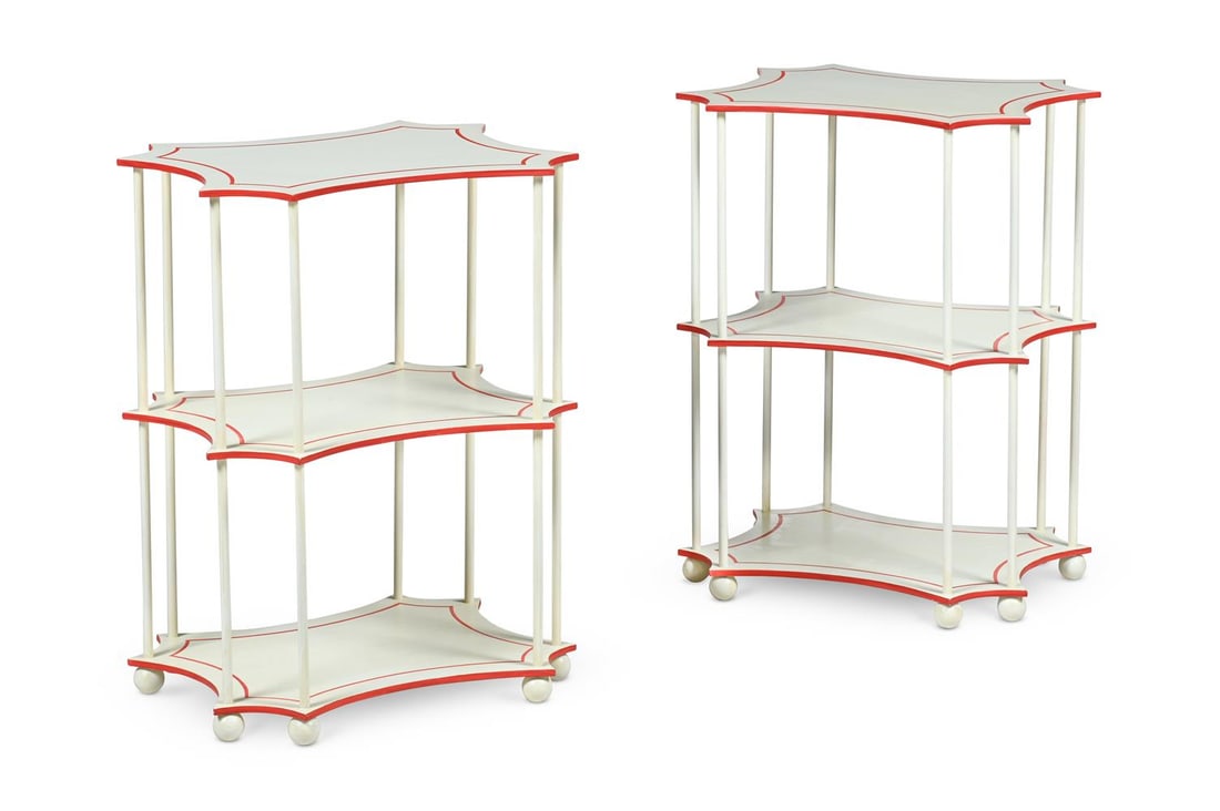 A PAIR OF THREE TIER IVORY PAINTED ETAGERE TABLES, POSSIBLY SUPPLIED BY COLEFAX & FOWLER (1 of 3)
