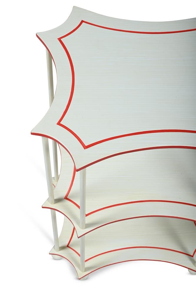 A PAIR OF THREE TIER IVORY PAINTED ETAGERE TABLES, POSSIBLY SUPPLIED BY COLEFAX & FOWLER - 3