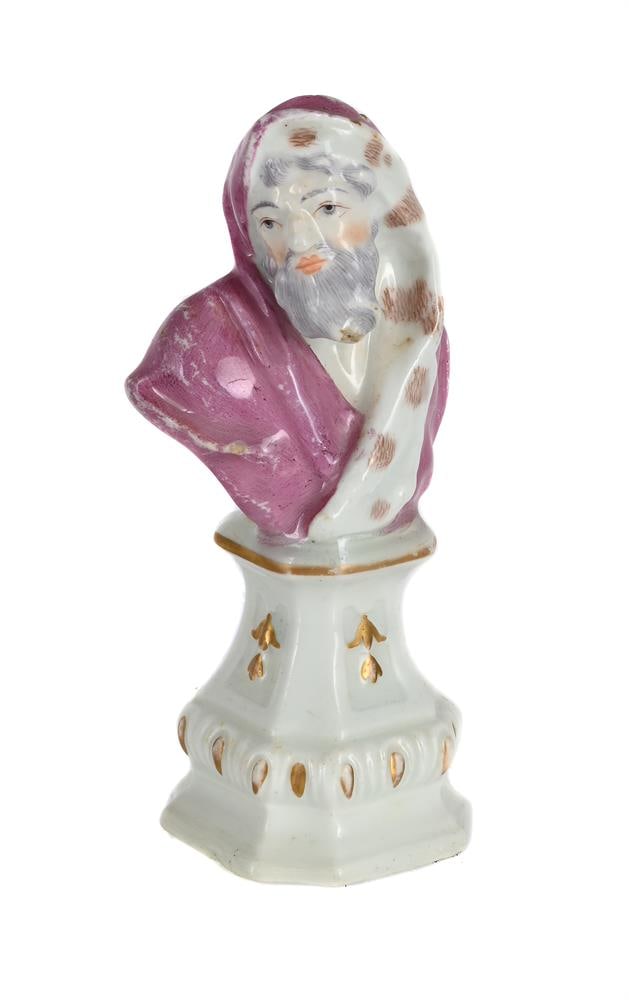 A CHELSEA PORCELAIN BUST EMBLEMATIC OF WINTER FROM A SERIES OF THE FOUR SEASONS, CIRCA 1760: A CHELSEA PORCELAIN BUST EMBLEMATIC OF WINTER FROM A SERIES OF THE FOUR SEASONS CIRCA 1760 Gold anchor mark verso 10.5cm high, 4 x 4cm at base Condition Report: 