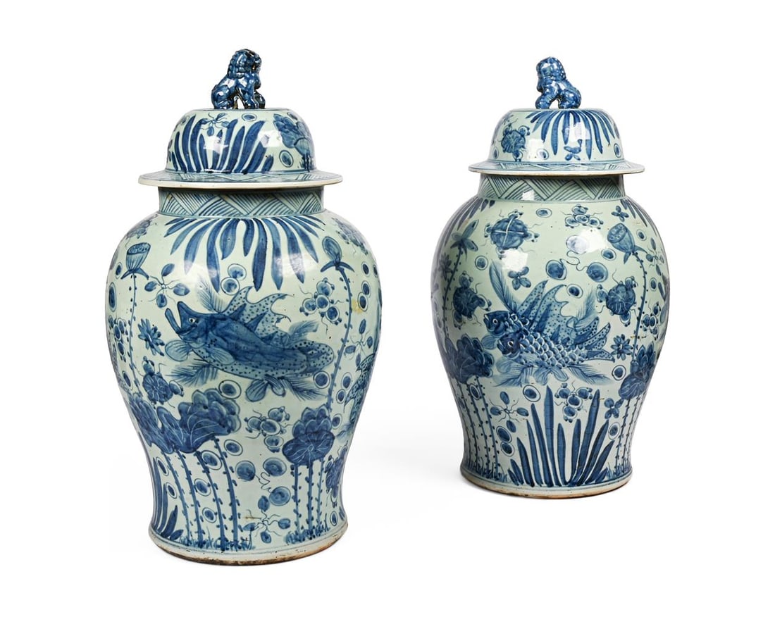 A PAIR OF ASIAN BLUE AND WHITE 'FISH POND' BALUSTER JARS AND COVERS, MODERN: A PAIR OF ASIAN BLUE AND WHITE 'FISH POND' BALUSTER JARS AND COVERS MODERN 66cm high Condition Report: PLEASE NOTE: ALL LOTS ARE LOCATED AT SACKVILLE WEST
