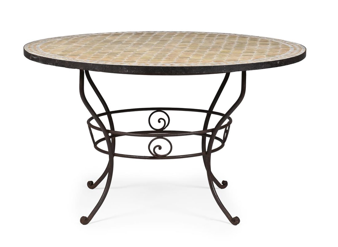 A WROUGHT IRON AND MOSAIC MARBLE TOPPED BREAKFAST TABLE, MODERN: A WROUGHT IRON AND MOSAIC MARBLE TOPPED BREAKFAST TABLE