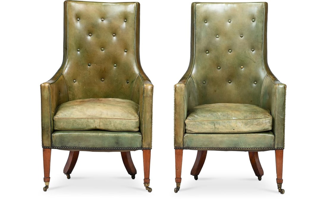 A PAIR OF MAHOGANY AND LEATHER ARMCHAIRS, 19TH CENTURY AND LATER: A PAIR OF MAHOGANY AND LEATHER ARMCHAIRS