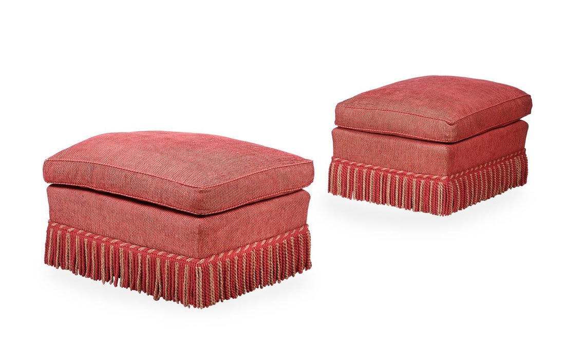 A PAIR OF HOWARD CHAIRS LTD FOOT STOOLS, 20TH CENTURY: A PAIR OF HOWARD CHAIRS LTD. FOOT STOOLS 20TH CENTURY Both with stuff over 'Cunard Rose' upholstery, bearing the serial numbers S13698/9 respectively each 56cm high, 81cm