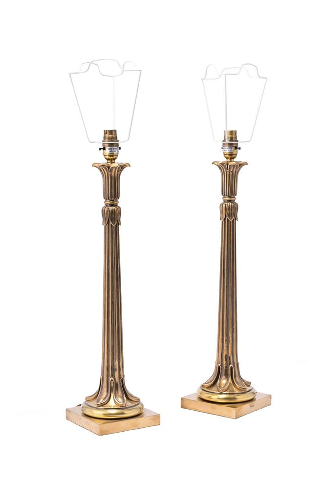 A PAIR OF SOANE BRITAIN LACQUERED BRASS TABLE LAMPS, IN LOUIS PHILIPPE STYLE, MODERN: A PAIR OF SOANE BRITAIN LACQUERED BRASS TABLE LAMPS IN LOUIS PHILIPPE STYLE, MODERN With lotus tongue decoration, fitted for electricity, with Soane labels to underside each 54cm