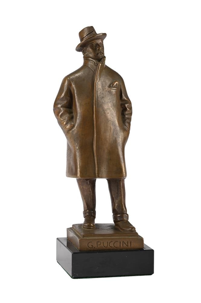 AFTER PRINCE PAUL TROUBETZKOY (RUSSIAN, 1866-1938), A BRONZE FIGURE OF PUCCINI, 20TH CENTURY: AFTER PRINCE PAUL TROUBETZKOY (RUSSIAN, 1866-1938): A BRONZE FIGURE OF PUCCINI 20TH CENTURY Titled G Puccini and with inscription Del Charo, Lucca. 27.5cm high overall 