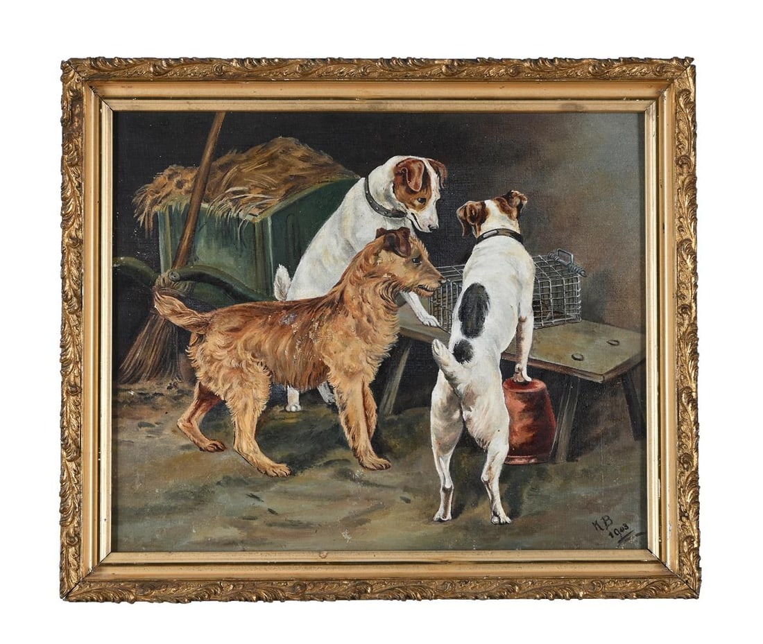 ENGLISH SCHOOL, AFTER FANNIE MOODY (BRITISH 1861-1948), SPORTING PROSPECTS: ENGLISH SCHOOL, AFTER FANNIE MOODY (BRITISH 1861-1948) SPORTING PROSPECTS Oil on canvas Signed with initials and dated K B 1903 (lower right) 25.5 x 30.5cm (10 x 12in.) 