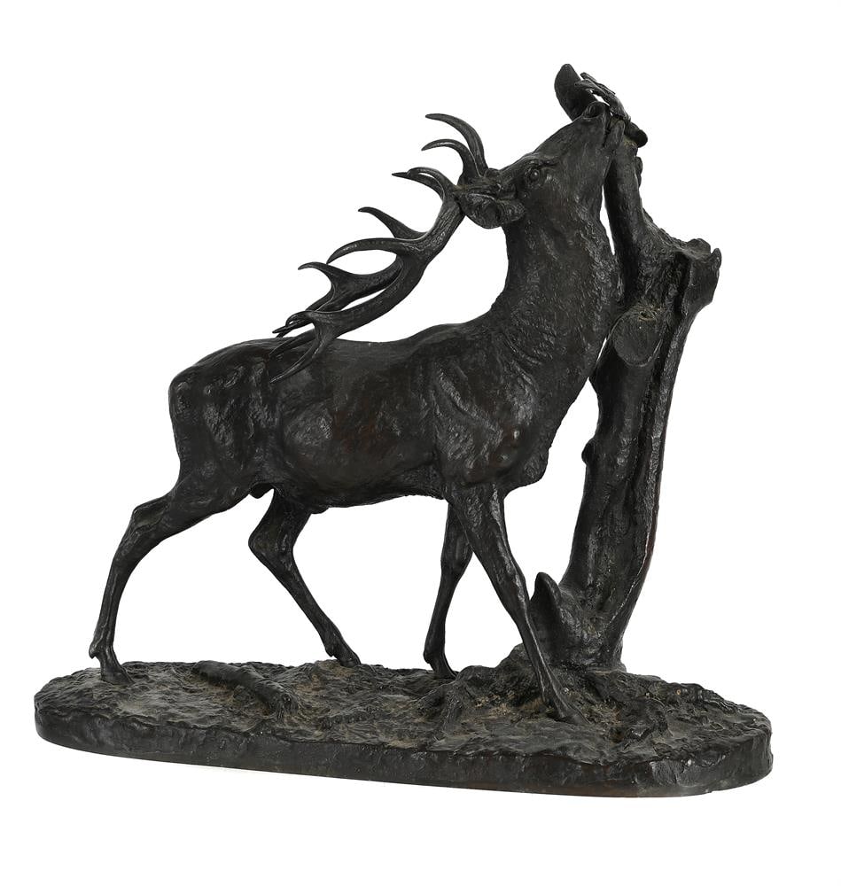 AFTER PIERRE JULES MENE (1810-1879), AN ANIMALIER BRONZE 'CERF A LA BRANCHE': AFTER PIERRE JULES MENE (1810-1879), AN ANIMALIER BRONZE 'CERF A LA BRANCHE'