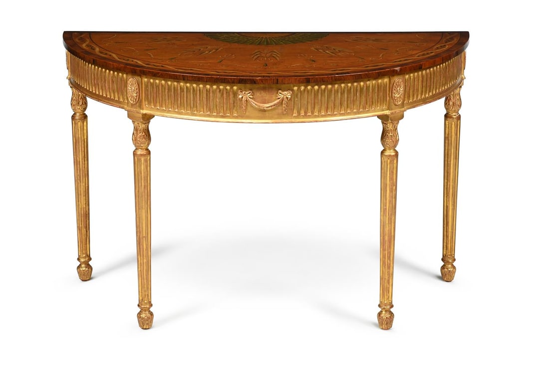 A GILTWOOD AND PAINTED SATINWOOD DEMI-LUNE CONSOLE TABLE, IN THE MANNER OF THOMAS CHIPPENDALE (1 of 4)