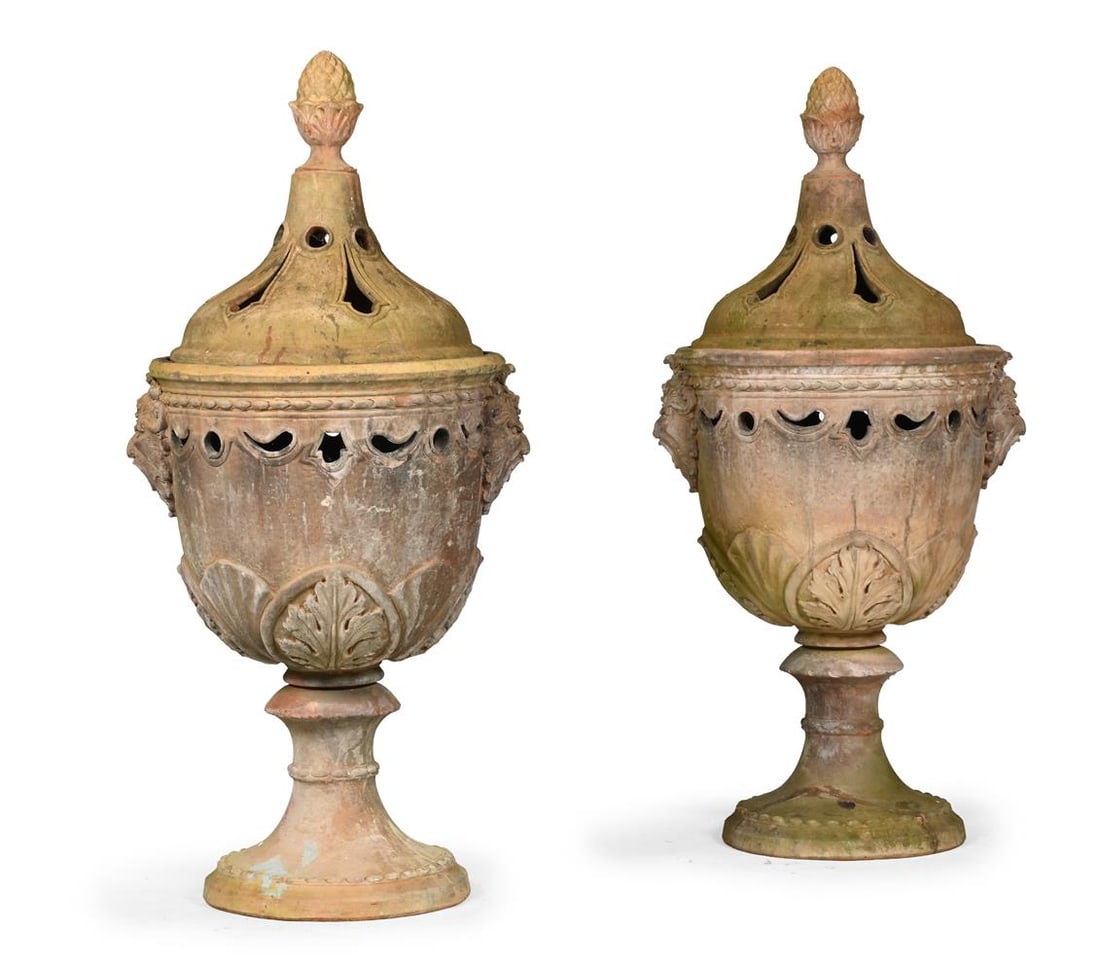 A PAIR OF ITALIAN TERRACOTTA URN FORM BRAZIERS, CIRCA 1890: A PAIR OF ITALIAN TERRACOTTA URN FORM BRAZIERS CIRCA 1890 each 123cm high overall, 50cm diameter Condition Report: PLEASE NOTE: ALL LOTS ARE LOCATED AT SACKVILLE WEST