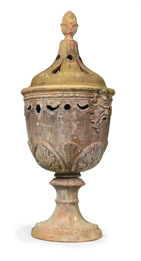 A PAIR OF ITALIAN TERRACOTTA URN FORM BRAZIERS, CIRCA 1890 - 2