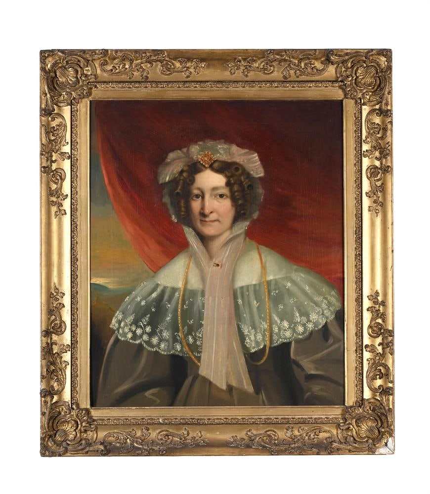 ENGLISH SCHOOL (19TH CENTURY), PORTRAIT OF LADY WEARING LACE CAP AND BROWN DRESS: ENGLISH SCHOOL (19TH CENTURY) PORTRAIT OF LADY WEARING LACE CAP AND BROWN DRESS Oil on canvas 75 x 62cm (29½ x 24¼in.) In a gilt composition frame 