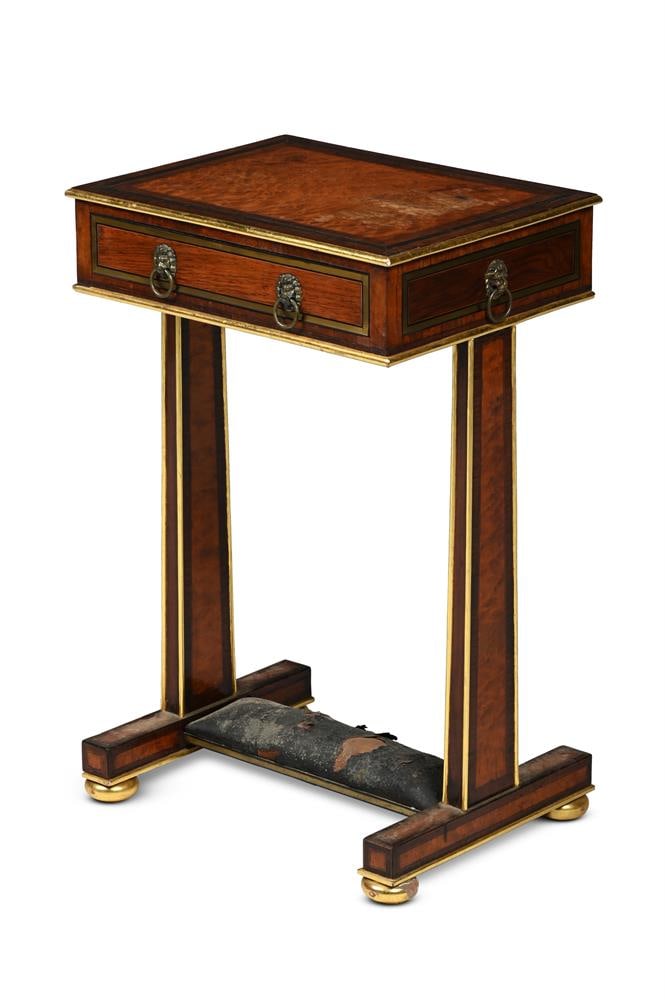 Y A REGENCY ROSEWOOD CROSSBANDED AND BRASS INLAID, MAPLE WORK TABLE, CIRCA 1810: Y A REGENCY ROSEWOOD CROSSBANDED AND BRASS INLAID, MAPLE WORK TABLE CIRCA 1810 With pencil cedar drawer and padded cross stretcher 67cm high, 43cm wide, 33.5cm deep 