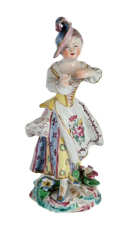 A BOW PORCELAIN MODEL OF THE FEMALE 'NEW DANCER', CIRCA 1760: A BOW PORCELAIN MODEL OF THE FEMALE 'NEW DANCER' CIRCA 1760 17cm high, 6cm at base Condition Report: PLEASE NOTE: ALL LOTS ARE LOCATED AT