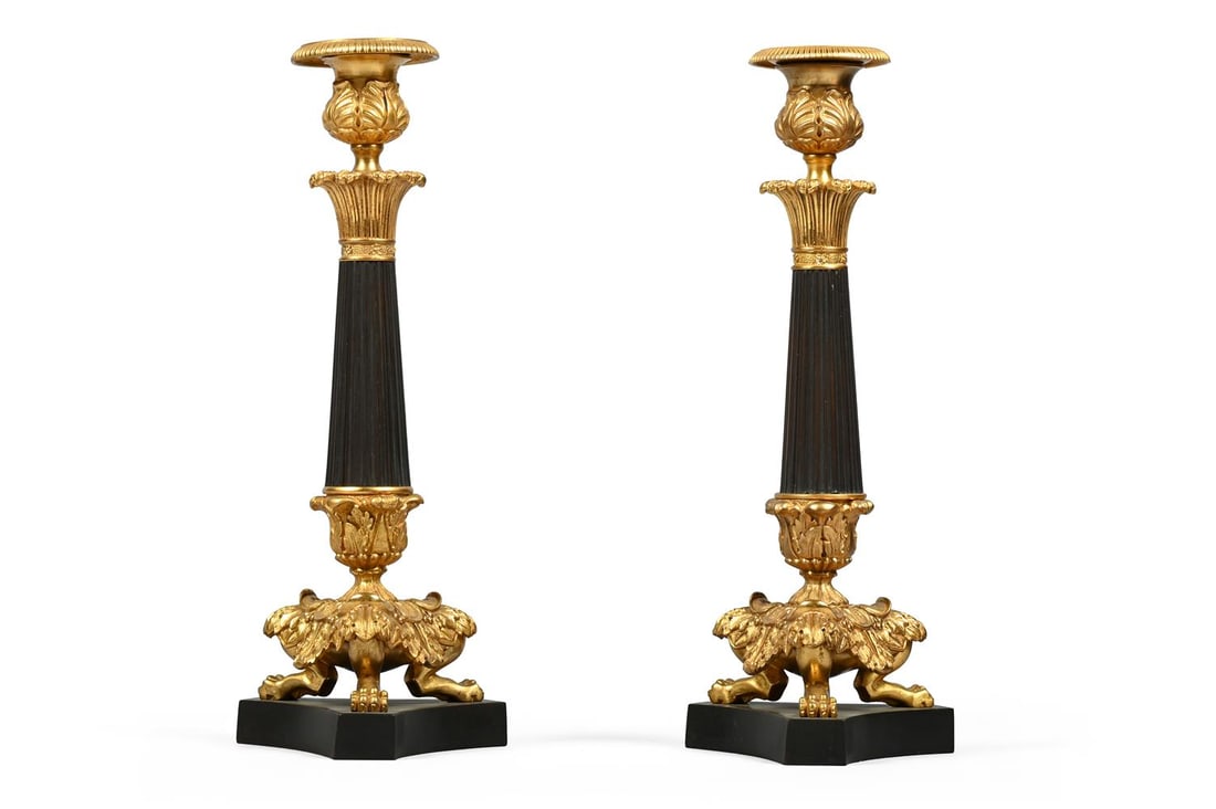 A PAIR OF PATINATED METAL AND GILT BRONZE CANDLESTICKS, LATE 19TH OR EARLY 20TH CENTURY - 2