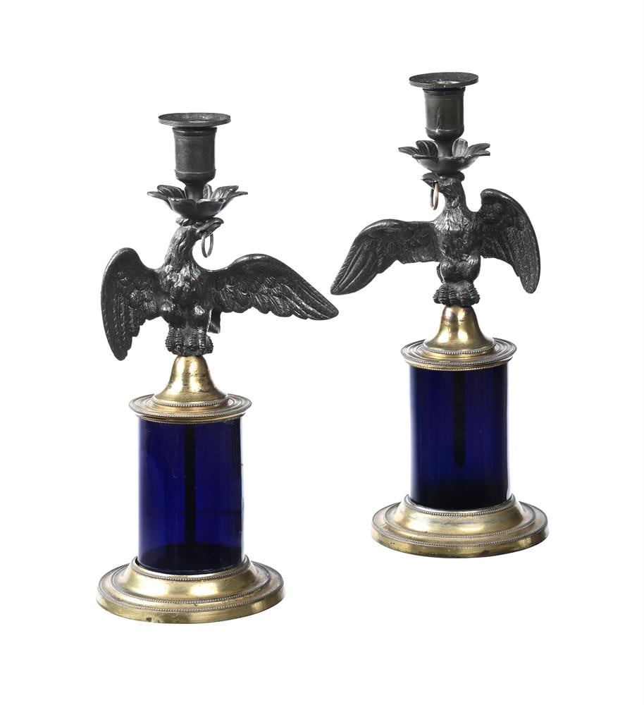 A PAIR OF SILVERED AND BLUE GLASS EAGLE STEM CANDLESTICKS, 19TH CENTURY AND LATER - 2